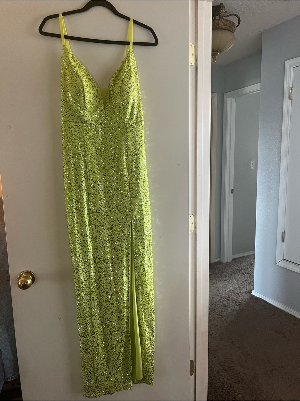 Lime Green Sequin V-Neck Prom Gown